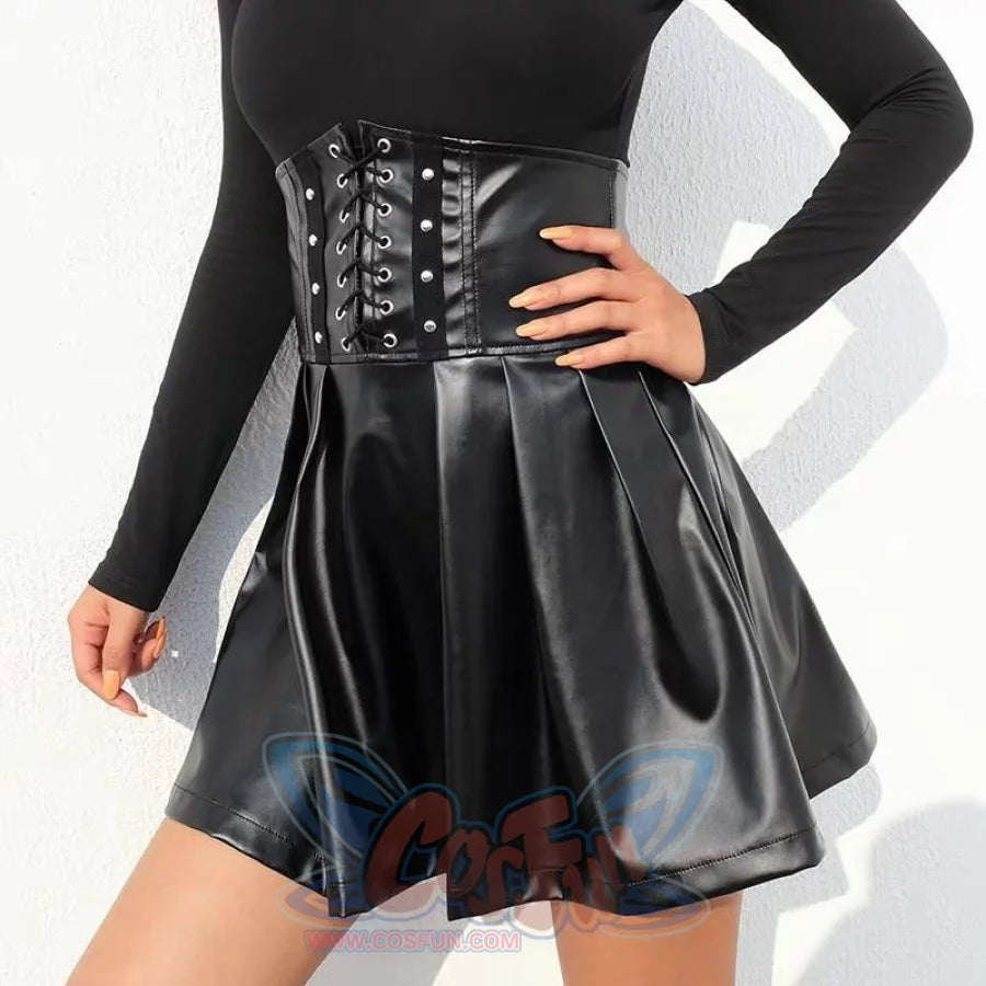 Adjustable Lace Up High Waist Skirt Pu Leather Black Skirt J30001 Dress