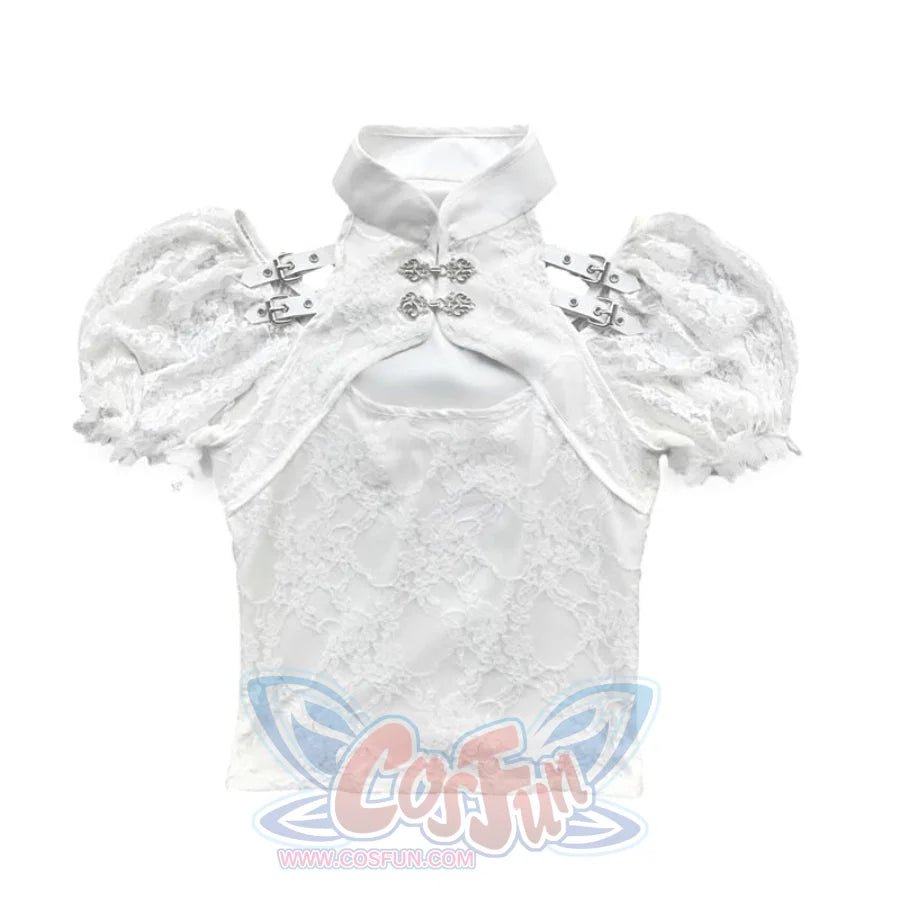 Autumn Double Lace Bubble Sleeve Slim Top White / S