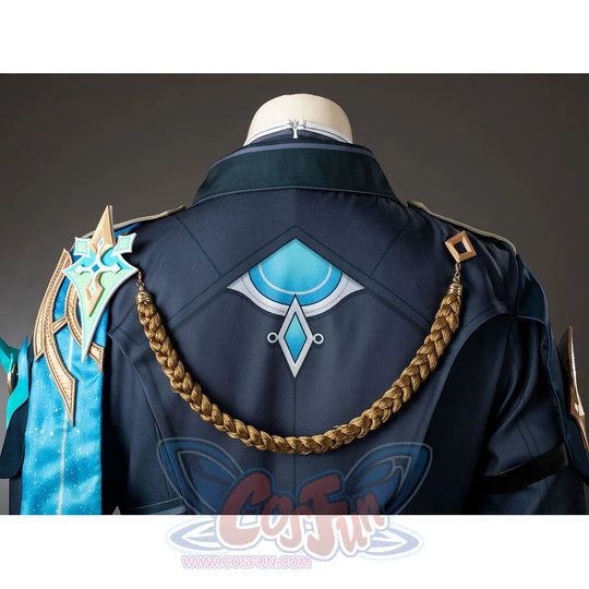 Aether cosplay back collar detail with a gold-tone cord and turquoise diamond ornament.