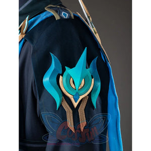 Aether cosplay back ornament detail with layered turquoise and gold-tone shapes over a dark teal panel.