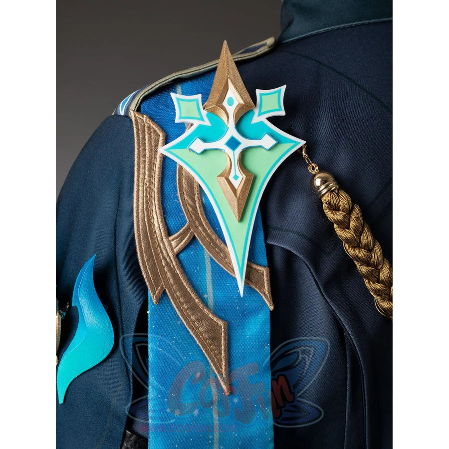 Aether cosplay back shoulder ornament combines turquoise and white shapes with gold-tone edging.