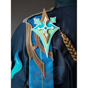 Aether cosplay back shoulder ornament combines turquoise and white shapes with gold-tone edging.