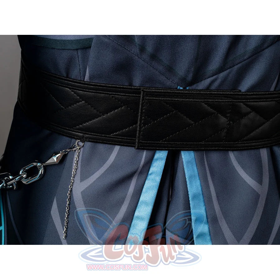 Aether cosplay back waist detail centers a quilted black belt above a chain and narrow turquoise ribbons.