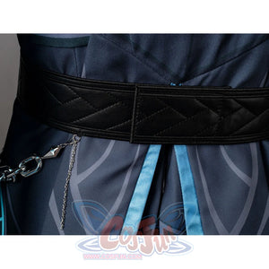Aether cosplay back waist detail centers a quilted black belt above a chain and narrow turquoise ribbons.