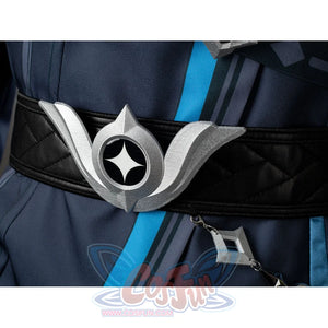 Aether cosplay belt buckle close-up with a silver-tone winged shape and black center.