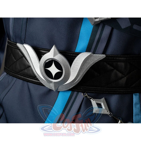 Aether cosplay belt buckle close-up with a silver-tone winged shape and black center.