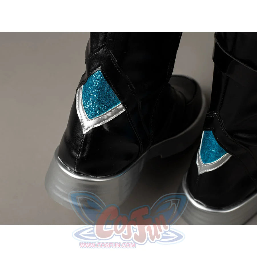 Aether cosplay boot heel detail has a turquoise panel with silver-tone edging above a gray sole.