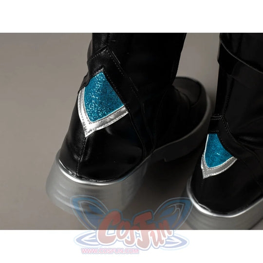 Aether cosplay boot heel detail has a turquoise panel with silver-tone edging above a gray sole.