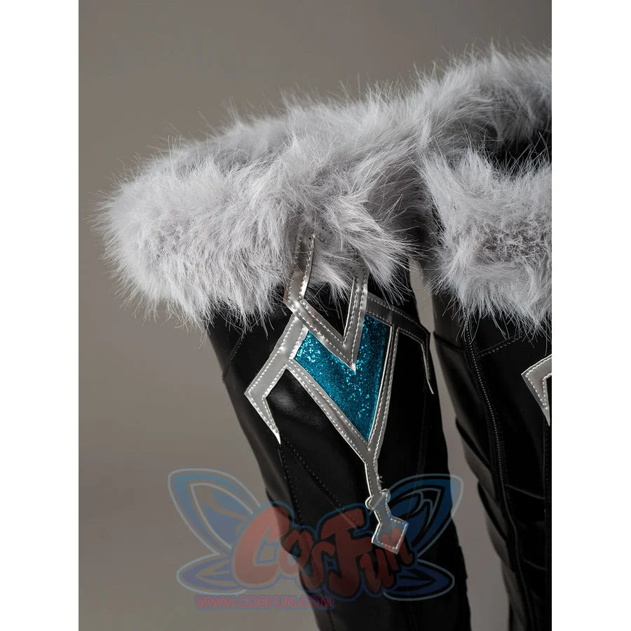 Aether cosplay boot shaft detail with gray fluffy trim above silver-tone and turquoise geometric panels.