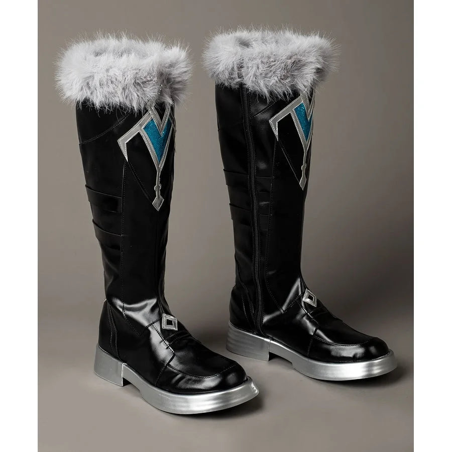 Genshin Impact Aether cosplay boots angled view shows tall black shafts beneath gray fluffy trim with turquoise side panels.
