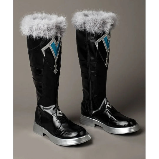 Genshin Impact Aether cosplay boots angled view shows tall black shafts beneath gray fluffy trim with turquoise side panels.