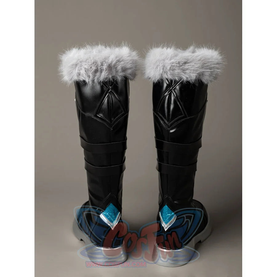 Aether cosplay boots back view shows quilted black panels above turquoise heel accents and beneath gray fluffy trim.