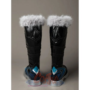Aether cosplay boots back view shows quilted black panels above turquoise heel accents and beneath gray fluffy trim.