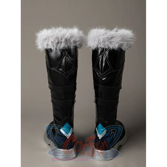 Aether cosplay boots back view shows quilted black panels above turquoise heel accents and beneath gray fluffy trim.