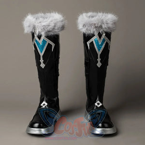 Aether cosplay boots front view with turquoise side panels on tall black shafts below gray fluffy trim.