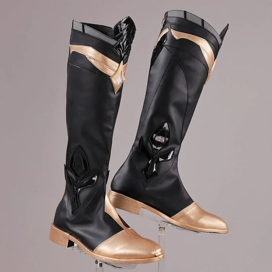 Front view of Genshin Impact Aether cosplay boots with black tall shafts, gold toe caps, cream straps, and low heels