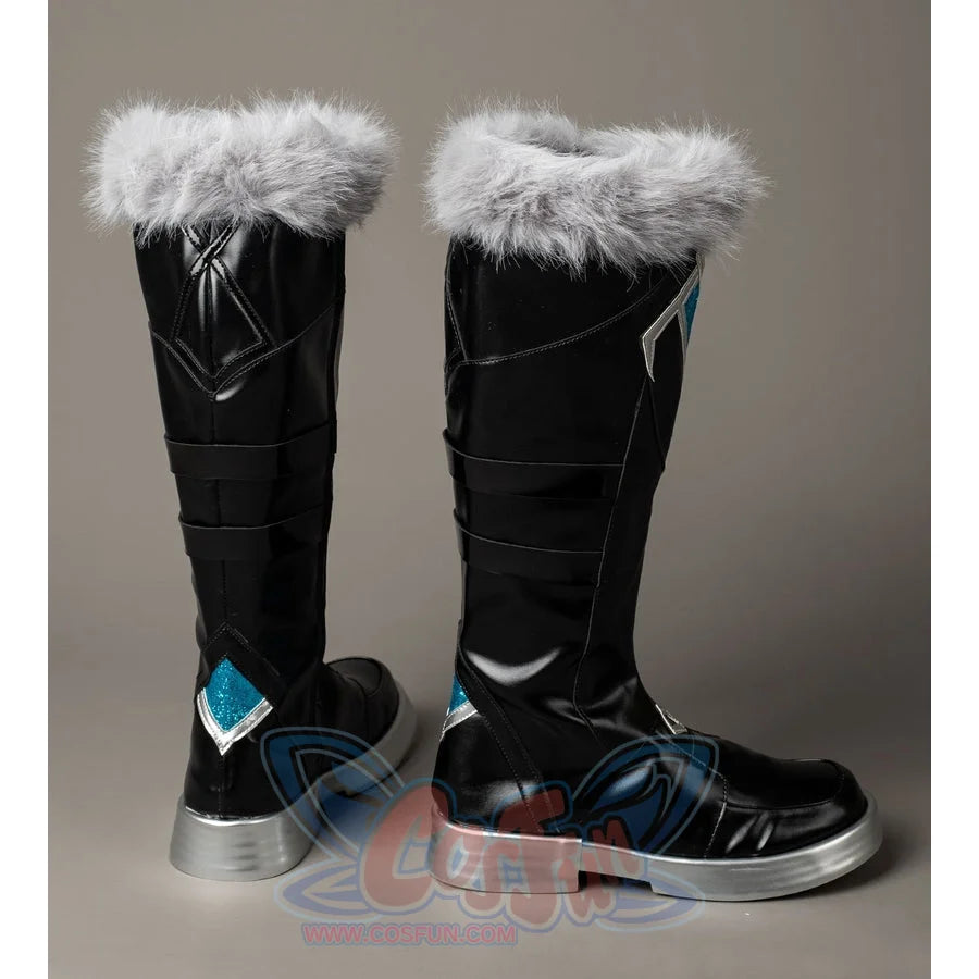 Aether cosplay boots side view pairs silver-tone soles with turquoise heel panels beneath tall black shafts.