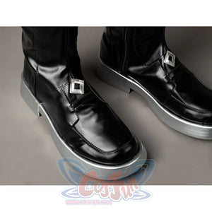Aether cosplay boots toe detail shows square buckles on glossy black panels above silver-tone soles.