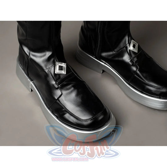 Aether cosplay boots toe detail shows square buckles on glossy black panels above silver-tone soles.