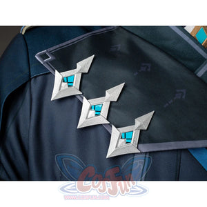 Aether cosplay chest ornament close-up with three silver-tone pieces and turquoise square centers.