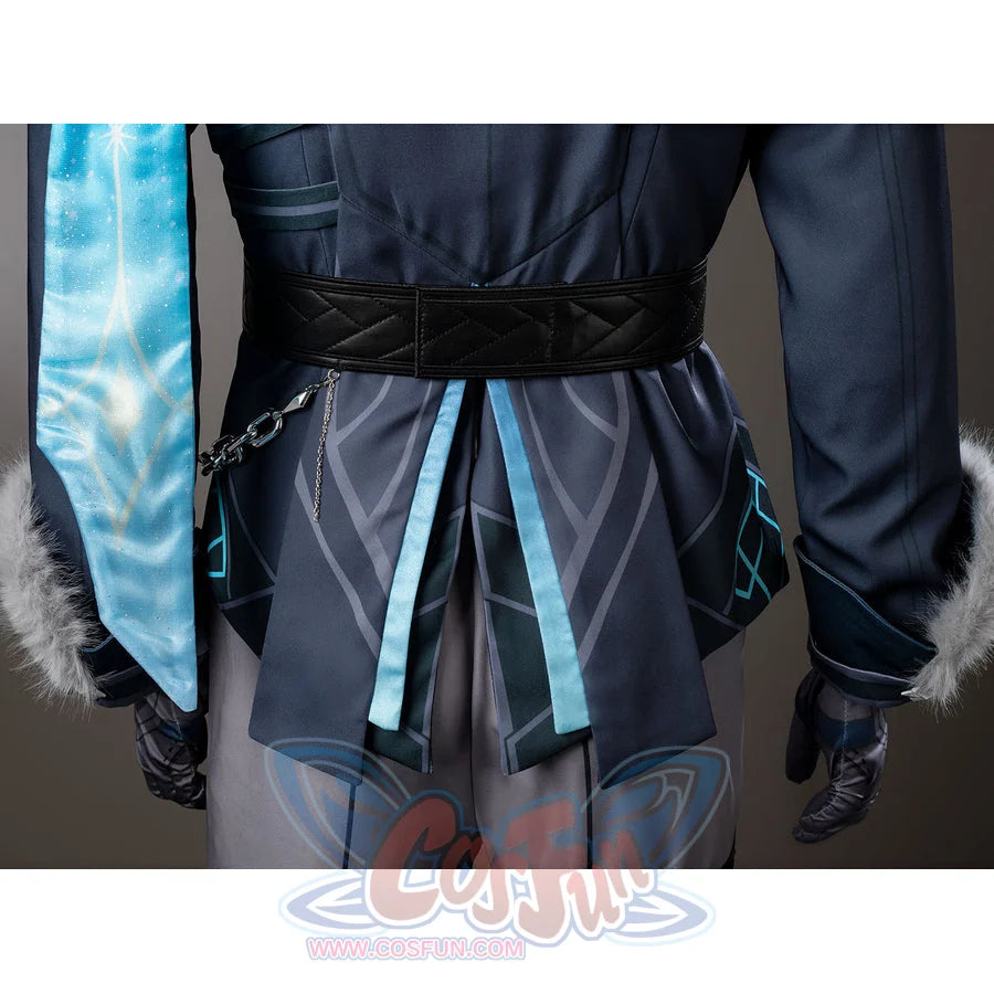 Aether cosplay coat back detail with a wide black waistband and layered dark teal panels.