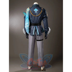 Aether cosplay coat and pants back view has a cropped hem with layered panels and turquoise accents.