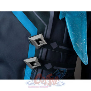 Aether cosplay coat detail shows black side straps and square buckles beside turquoise-edged panels.