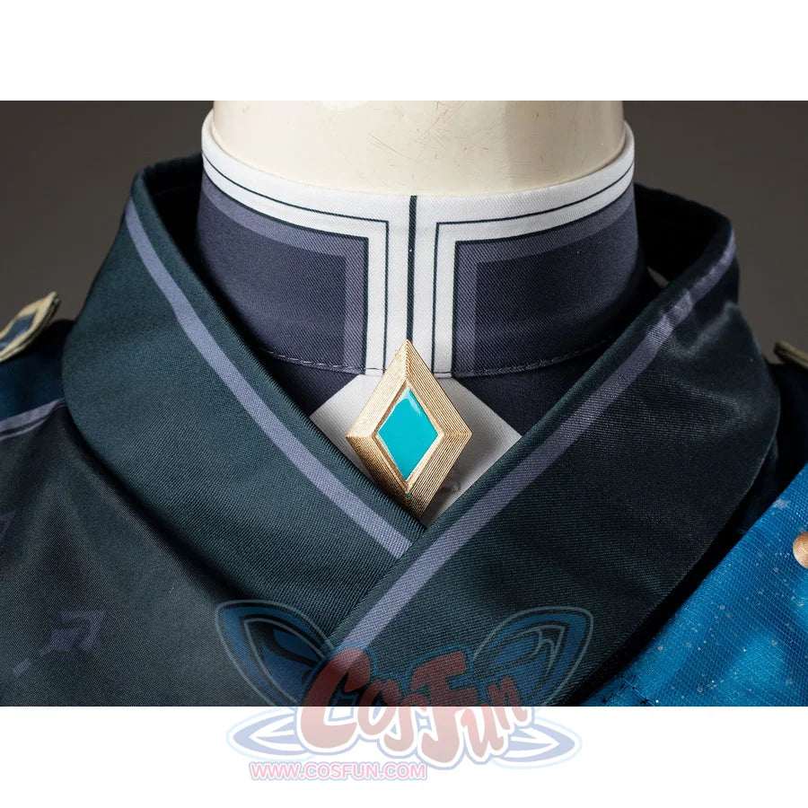 Aether cosplay collar ornament close-up with a turquoise center framed by silver-tone and gold-tone edges.