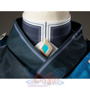 Aether cosplay collar ornament close-up with a turquoise center framed by silver-tone and gold-tone edges.