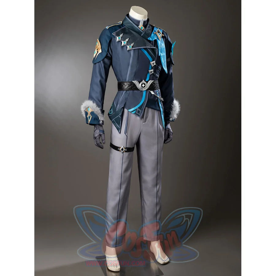 Aether cosplay costume angled view with gray pants beneath a dark teal coat and turquoise drape.