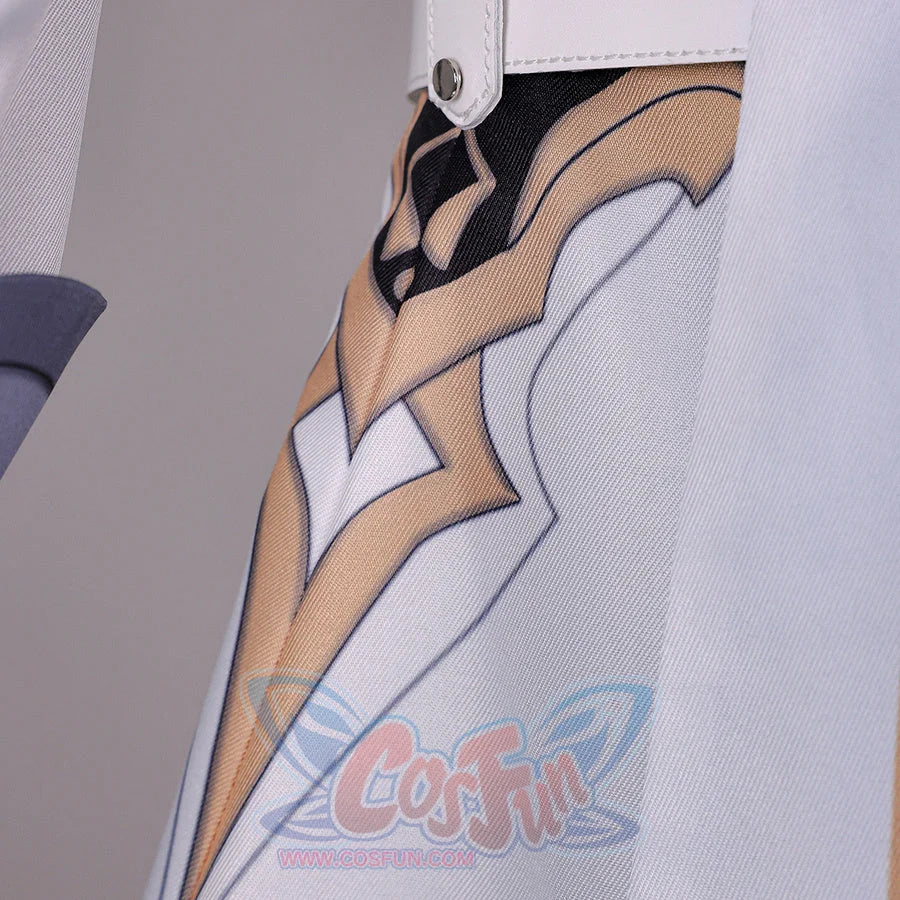 Close-up of Genshin Impact Aether cosplay costume arm guard with tan panel, white angular pattern, and black sleeve edge