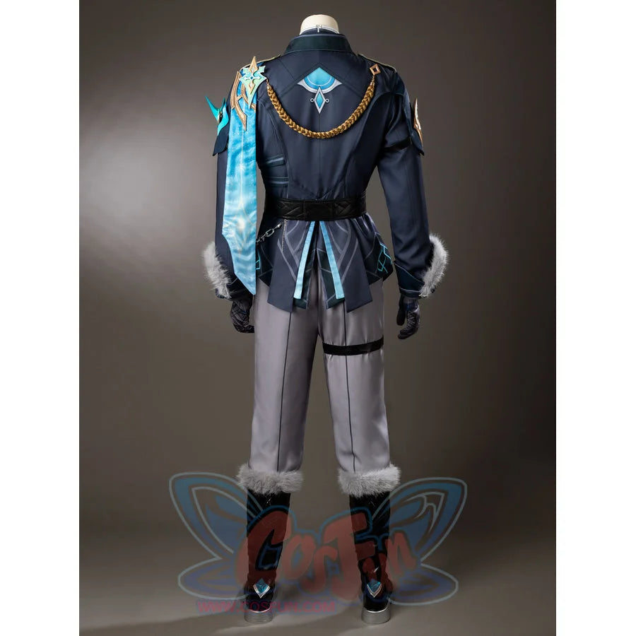 Genshin Impact Aether cosplay costume front view pairs dark teal layers and gray pants with turquoise drapes.