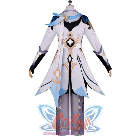 Back view of Genshin Impact Aether cosplay costume with white coat, blue shoulder panels, gray pants, gloves, and cape tails