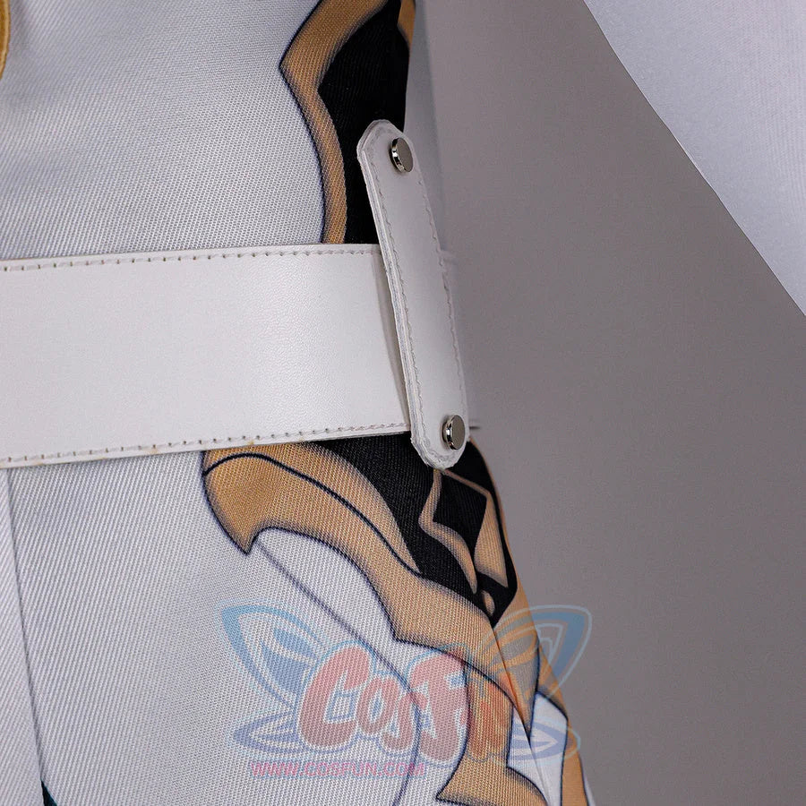Side waist detail of Genshin Impact Aether cosplay costume with white belt, gray pants, black panel, and hanging charm