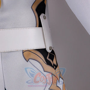 Side waist detail of Genshin Impact Aether cosplay costume with white belt, gray pants, black panel, and hanging charm