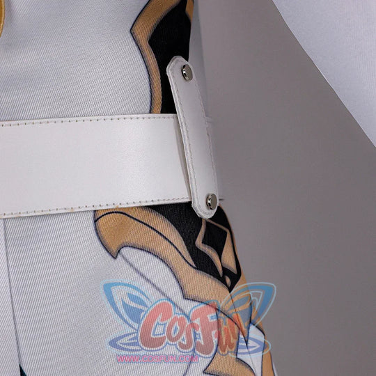 Side waist detail of Genshin Impact Aether cosplay costume with white belt, gray pants, black panel, and hanging charm