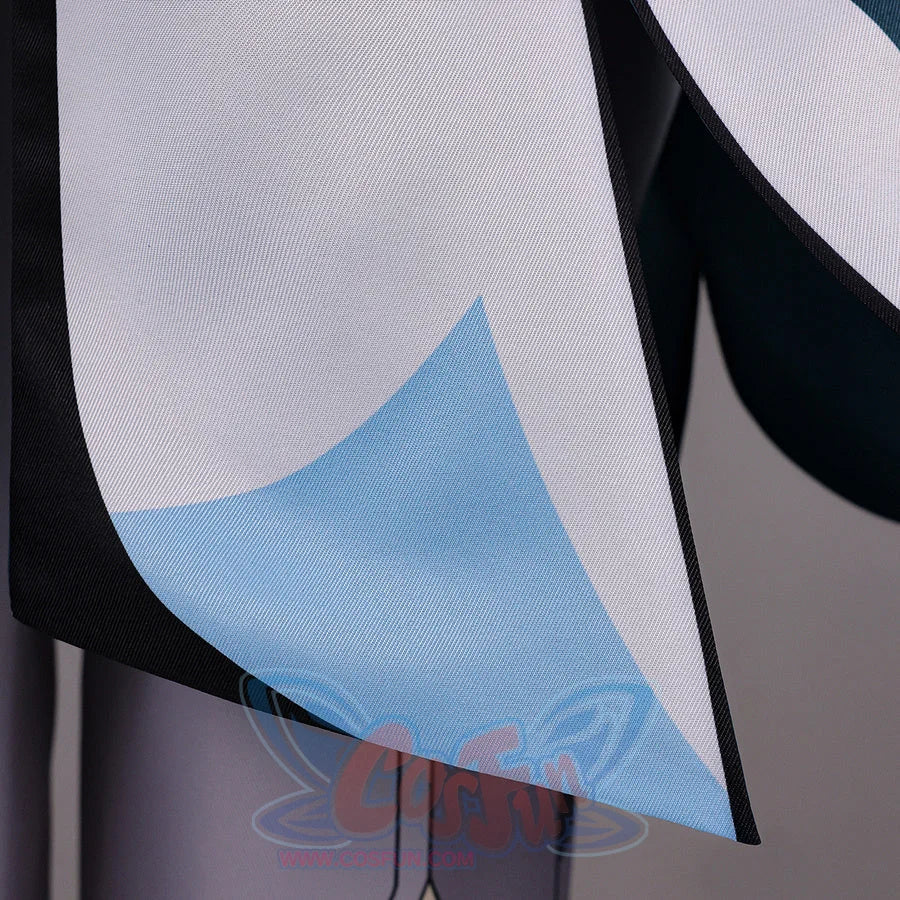 Detail of Genshin Impact Aether cosplay costume blue coat hem with white curved panel, black edge, and pale blue gradient