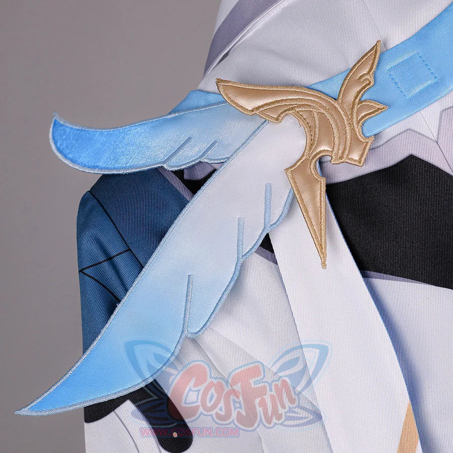 Shoulder detail of Genshin Impact Aether cosplay costume with blue fabric strip, white glove, gold ornament, and black sleeve