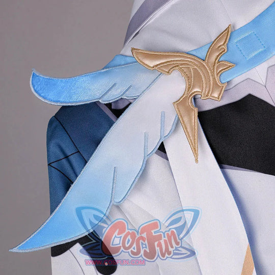 Shoulder detail of Genshin Impact Aether cosplay costume with blue fabric strip, white glove, gold ornament, and black sleeve