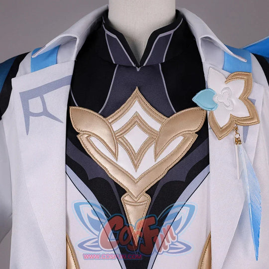 Chest detail of Genshin Impact Aether cosplay costume with black inner top, gold emblem, white lapels, and blue shoulder trim