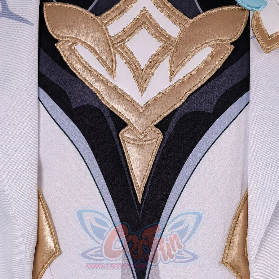 Close-up of Genshin Impact Aether cosplay costume chest emblem with gold lines, black inner top, and white coat edges