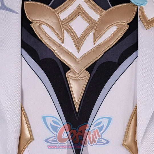 Close-up of Genshin Impact Aether cosplay costume chest emblem with gold lines, black inner top, and white coat edges