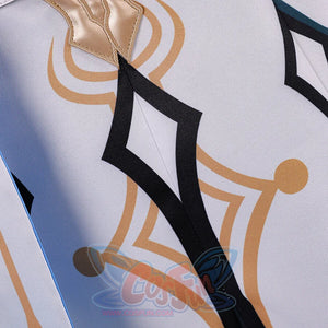 Detail of Genshin Impact Aether cosplay costume white coat with gold circular pattern, black diamond shape, and gold dots