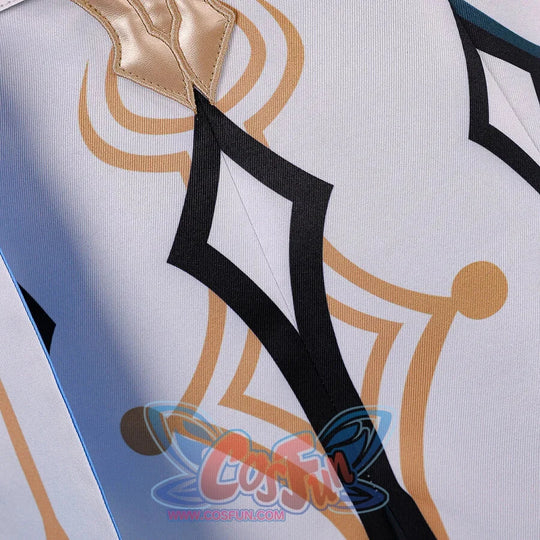 Detail of Genshin Impact Aether cosplay costume white coat with gold circular pattern, black diamond shape, and gold dots