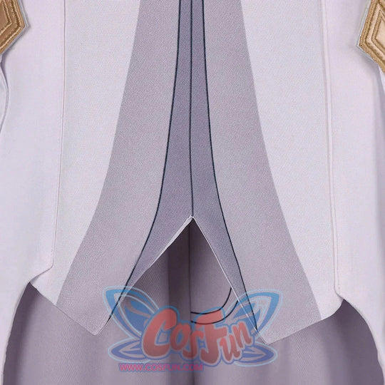 Front lower detail of Genshin Impact Aether cosplay costume with white coat panels, gray pants, and split front opening