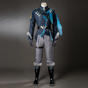Genshin Impact Aether cosplay costume front view pairs dark teal layers and gray pants with turquoise drapes.