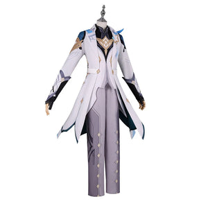 Front view of Genshin Impact Aether cosplay costume with white coat, black inner top, gray pants, gloves, and blue trim