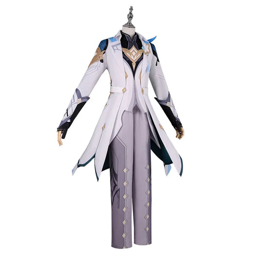 Front view of Genshin Impact Aether cosplay costume with white coat, black inner top, gray pants, gloves, and blue trim