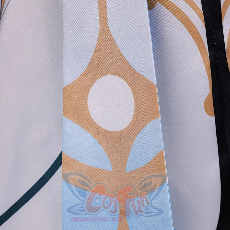 Close-up of Genshin Impact Aether cosplay costume long coat panel with white fabric, gold circle motifs, and green line