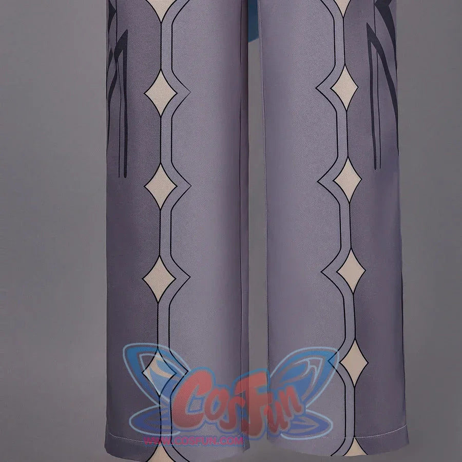 Detail of Genshin Impact Aether cosplay costume gray pants with gold diamond patterns, black vertical lines, and side seams